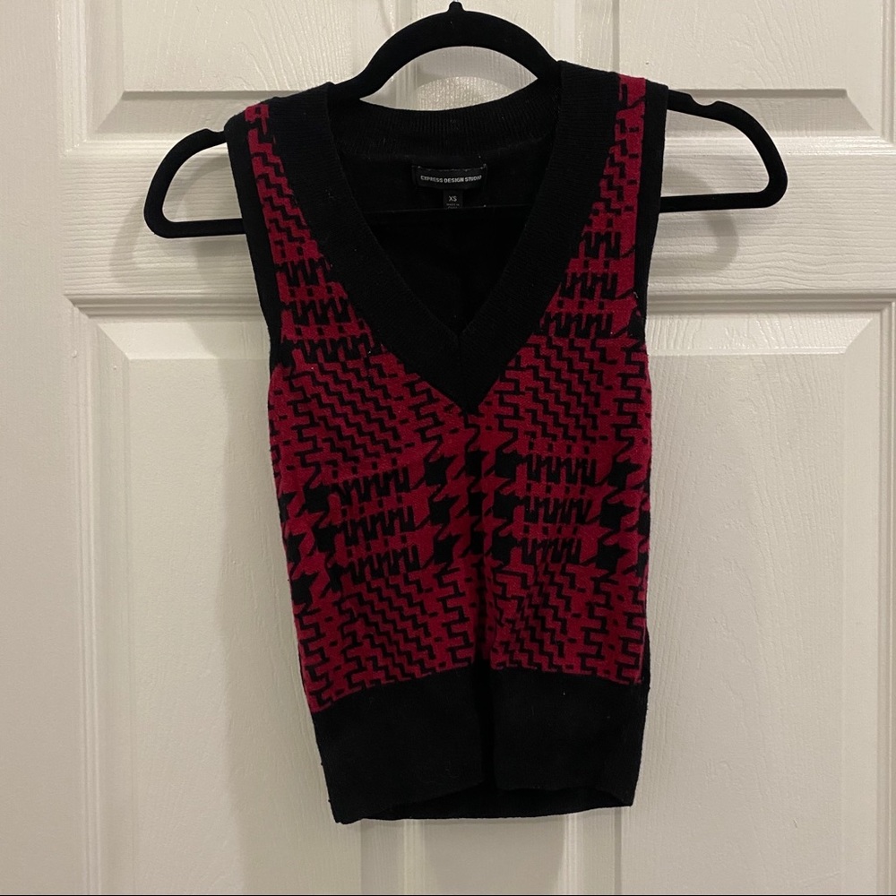 Red and black houndstooth sweater vest
